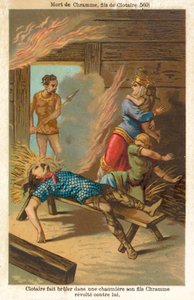 Chlothar I, frankernes konge, brændte sin oprørske søn Chram og hans familie ihjel, 560 (chromolitho) af French School