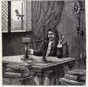 Christian Huyghens observerer "" tilbøjeligheden til bevægelse"" eller kroppens elasticitet - i "" Physique Populaire"" af Emile Desbeaux af French School