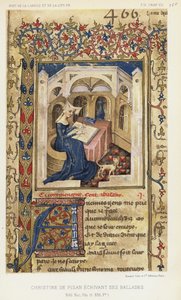 Christine de Pisan skriver sine ballader (farvelitografi) af French School
