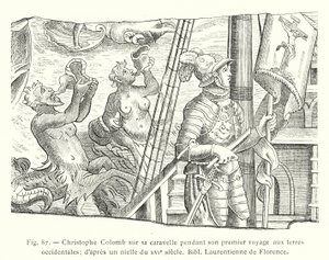 Christopher Columbus på sin karavel under sin første rejse til vestlige lande; efter en niello fra det 16. århundrede, Bibl Laurentienne de Florence (stik) af French School