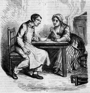 Christophe og den fede Sylvie: tjenere, der spiser morgenmad. Gravering midten af 1800-tallet. Illustration til "The Father Goriot" af Honore de Balzac (1799-1850). af French School