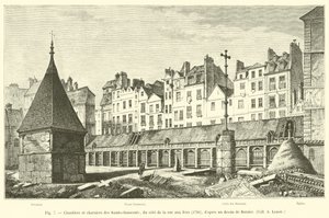 Kirkegård og massegrave for Saints-Innocents, på rue aux Fers-siden, 1780, efter en tegning af Bernier, Coll A Lenoir af French School