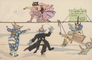 Cirkusscene, fra et sæt sammenhængende postkort (farve litho) af French School