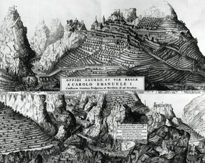Byen Saorge, Frankrig, under Savoyens styre, gravering af French School
