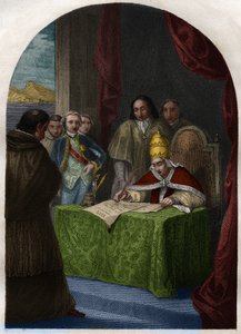 Clement XIV (Clemente eller Clemens) (1705-1774) afskaffede Jesuitersamfundet den 21. juli 1773. Indgravering fra 1842 i “Histoire des popes: forbrydelser, mord, forgiftninger, parricider, ægteskabsbrud, incest... af Maurice Lachatre. Privat samling. af French School