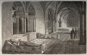 Cloister of Fontevrault med statuer af Henri II - Eleonore de Guyenne - indgravering i "Histoire de France" af Victor Duruy (1811-1894) - 1882 af French School