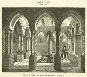 Klosteret i Benediktinerklosteret, i Monreale, Sicilien (gravering) af French School