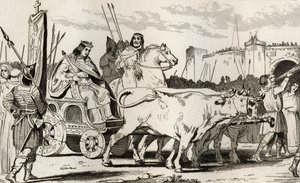 Clovis III (682-95) i en vogn trukket af okser, med Pepin II af Herstal (ca. 714) Ridende ved siden af ham, fra 