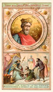 Clovis II giver penge fra sine pengekasser til de fattige i en tid med nød, 7. århundrede (chromolitho) af French School