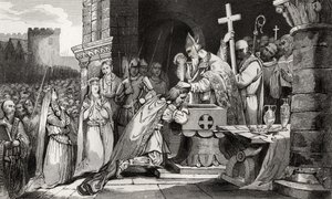 Clovis I (465-511) døbt med mænd fra sin hær før slaget ved Tolbiac, fra "Histoire de France" af Colart, udgivet omkring 1840 af French School