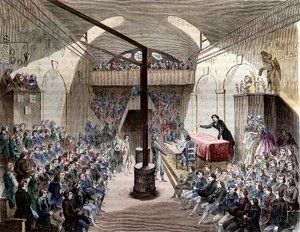 Club des Jacobins - Paris rue Neuve-St Honore 1789 - Udsigt over jakobinernes klub. Tidligere kloster af St Dominica-ordenen - En session i Jacobins-klubben under revolutionen i 1789 - Indgravering af 1844 - Fransk revolution. En session på Jacob af French School