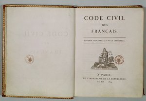 Code Civil, åben på titelbladet, 1804 af French School