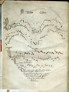 Samling af ballader, motetter og sange Musikside med sorte og blå røde toner af Baude Cordier (1380-1440), noder fra begyndelsen af det 15. århundrede. Chantilly, Conde Museum af French School