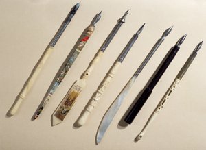 Samling af penneholdere, begyndelsen af det 20. århundrede (elfenben, perlemor og træ)