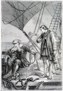 Columbus bundet som skurk (på skibsdæk), ill. "" Discovery de la Terre "" af Jules Verne, red. Hetzel, n.d. 19. af French School