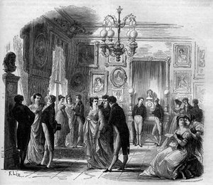 Comedie Francaise: udsigt over kunstnernes foyer med komikerne Francois-Joseph (Francois Joseph) Talma (1763-1826) og Anne Boutet, dit Mademoiselle Mars (1779 - 1847), fransk komiker. Stik fra 1867-1868. af French School