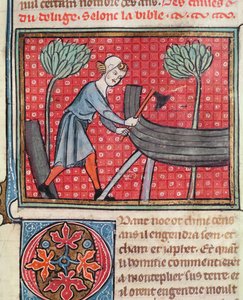 Konstruktion af en båd, fra Bible Historiale af Guiart des Moulins