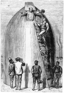 Konstruktion af en raket, illustration fra Fra Jorden til Månen af Jules Verne (1828-1905) Paris, Hetzel, udgivet i 1865 af French School