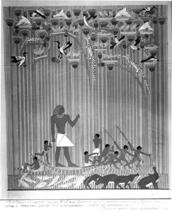 Kopi af et egyptisk malet relief, der forestiller flodhest, der fisker og harpuner, fra graven Ti og Ptah-Hotep i Saqqara, 5. dynasti, Det gamle kongerige af French School