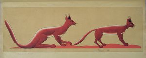 Kopi af et originalt gammelt egyptisk vægmaleri, der forestiller to vilde katte