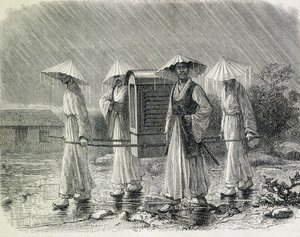 Coreens klæder sig i en palanquin (coreens regndragt), der bærer en stol. Illustration taget fra "An expedition in Korea" af H. Zuber, tidligere søofficer (1866) - i "Tour du Monde". af French School