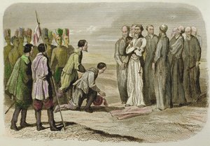 Cortes ved fødderne af Martin de Valencia (håndfarvet gravering) af French School