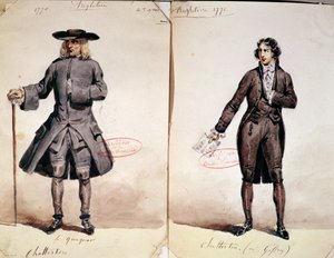 Kostumedesign til den første produktion af Chatterton af Alfred de Vigny (1791-1863): Quakeren og Geffroy som Chatterton, 1835 (wc på papir) af French School