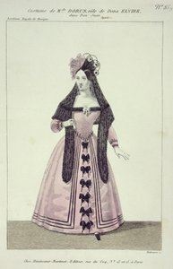 Kostume til Mademoiselle Dorus i rollen som Donna Elvira i Don Giovanni, graveret af Maleuvre, trykt af Hautecoeur-Martinet af French School