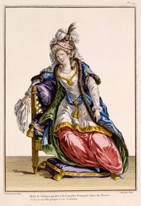 Kostume til sultanernes kone i La Comedie Francaise, tryk lavet af Patus (håndkoloreret gravering) af French School