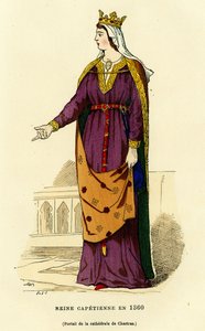 Kostume af en capetiansk dronning i 1360, iført en gylden krone, på et let slør, der delvist skjuler hendes glatte frisure, iført en åben chlamyde (frakke) på brystet fastgjort af en gylden kædefibule, den meget lange tunika er strammet i taljen af en brod af French School