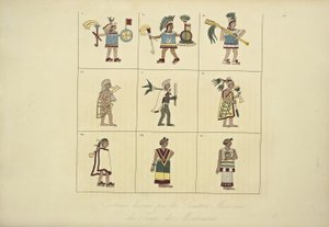 Kostumer designet af de mexicanske malere fra Montezumas tid, illustration fra Views of the Cordilleras and Monuments of the Indigenous Peoples of America af Alexander von Humboldt og Aime Bonpland, 1 af French School