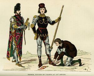 Kostumer af prins, af hans ecus og hans kammertjener, i det 15. århundrede. Farvegravering, i "France et les francais a travers les centuries"" af Augustin Challamel, F.Roy redaktør, Paris 1882. Selva Collection. af French School