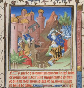 Cotton Nero E II pt.1, f.222, Slaget ved Louis VII og hans far, fra Grandes Chroniques de France af French School