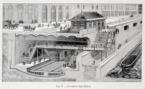 Sektion af metrostationen St Michel i Paris i ""La nature"" 1899 af French School