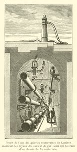 Udsnit af et af Londons underjordiske gallerier, der viser vand- og gasrørene (gravering) af French School