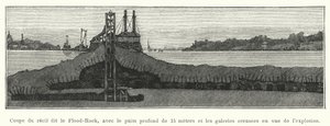 Sektion af revet kaldet Flood-Rock, med den 15 meter dybe brønd og gallerierne gravet til eksplosionen (gravering) af French School