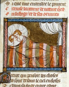 Par i seng. Miniature taget fra romanen om rosen af Jean de Meun af French School