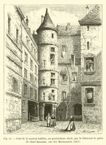 Gården til huset beboet, i det fjortende århundrede, af producenten af ​​menneskekødspasta, rue des Marmousets, 1850 af French School