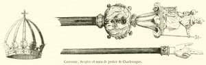 Krone, scepter og Charlemagnes retfærdighedshånd (gravering) af French School
