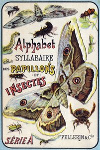 Omslag til "Syllabary alfabet af sommerfugle og insekter"". Serie A. Pellerin et Cie, trykkerier-forlag, Epinal, slutningen af det 19. århundrede. Kromolitografier. Lille 8-siders reklamealbum indeholdende et pensum og et billedsprog ledsaget af beskrivend af French School
