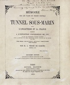 Cover af "" Memoire om planerne for det nye projekt af en undervandstunnel (undervands) mellem England og Frankrig produceret på verdensudstillingen i 1867"" af M.A. Thome de Gamond af French School