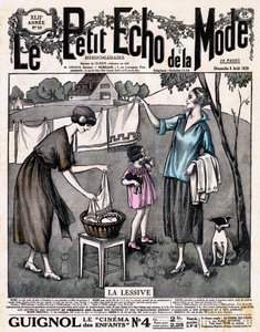 Forside af avisen "" Le petit echo de la mode "" la vaskemiddel - to kvinder med en pige og en hund spredte linned til tørre på en tråd udenfor, nr. 32 af 8. august af French School