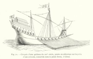 Skitse af en kabyss fra det 16. århundrede, tempera-maleri på døren til et skab, bevaret i Doria-paladset, i Genova (gravering) af French School