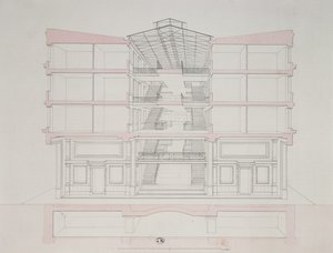 Tværsnit af et hus i Napoleons boligbyggeri, 58 rue Rochechouart, Paris, 1849 af French School