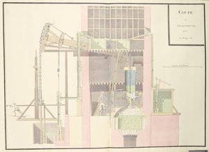 Tværsnit af en dampmaskine til at hæve vand fra miner, ca. 1760 (pen & blæk og wc på papir) af French School