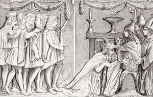 Kroning af Sigismund som hellig romersk kejser af pave Eugene IV i 1433, fra L"Histoire Universelle Ancienne et Moderne, udgivet i Strasbourg ca. 1860 af French School