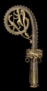 Crozier-hoved forestillende St. Michael Vanquishing the Dragon, Limoges, ca. 1220-30 (kobber, champleve, emalje og forgyldt)