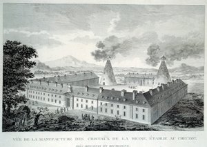 Krystalværker af dronning Marie Antoinette i Creusot nær Moncenis i Bourgogne. Stik fra 1787. Le Creusot, Ecomusee af French School