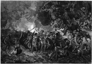 Skik i Ny Kaledonien: Pilou pilou (Pilou-pilou), traditionel Kanak-dans. Indgravering i "" Le Monde Illustré"" nr. 772 af 27. januar 1872. af French School