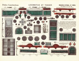 Udskårne designs til et damplokomotiv og tender, ca. 1880 (farve litho) af French School